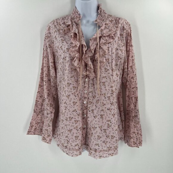 Cino XL Pink Floral Ruffle Blouse Button Down Tie Neck Smocked Peasant - Picture 8 of 8